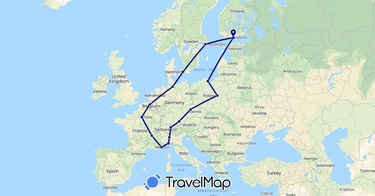 TravelMap itinerary: driving in Belgium, Czech Republic, Germany, Denmark, Finland, France, Italy, Liechtenstein, Poland, Sweden (Europe)