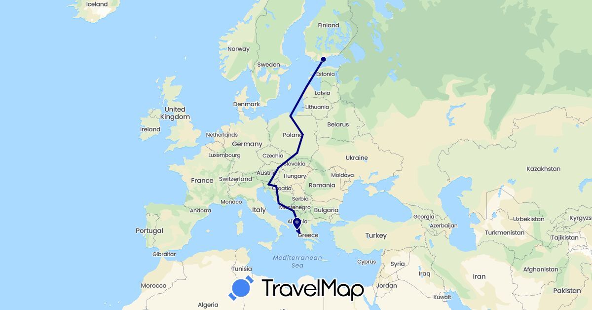 TravelMap itinerary: driving in Albania, Austria, Finland, Greece, Croatia, Montenegro, Poland, Slovenia (Europe)